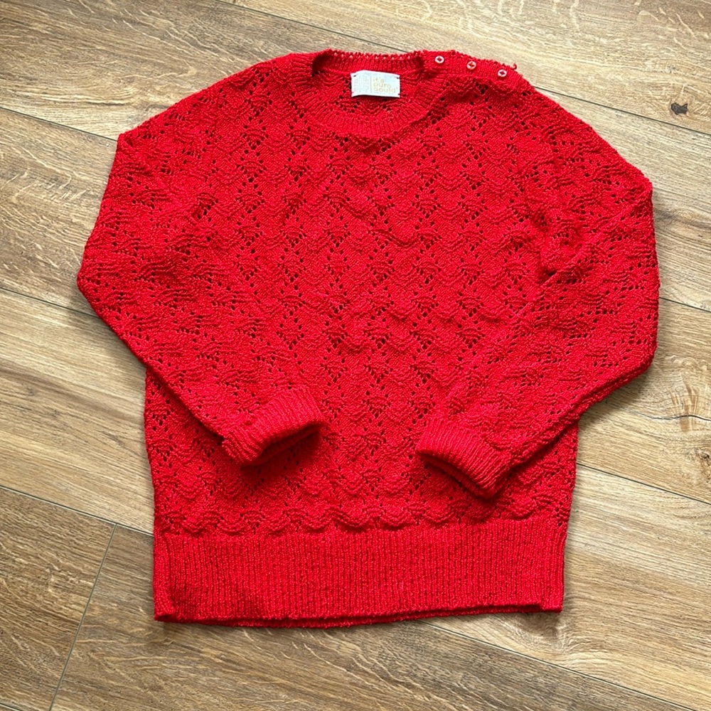 Vintage red crochet knit small sweater with ilgwu union tags and sezane vibes